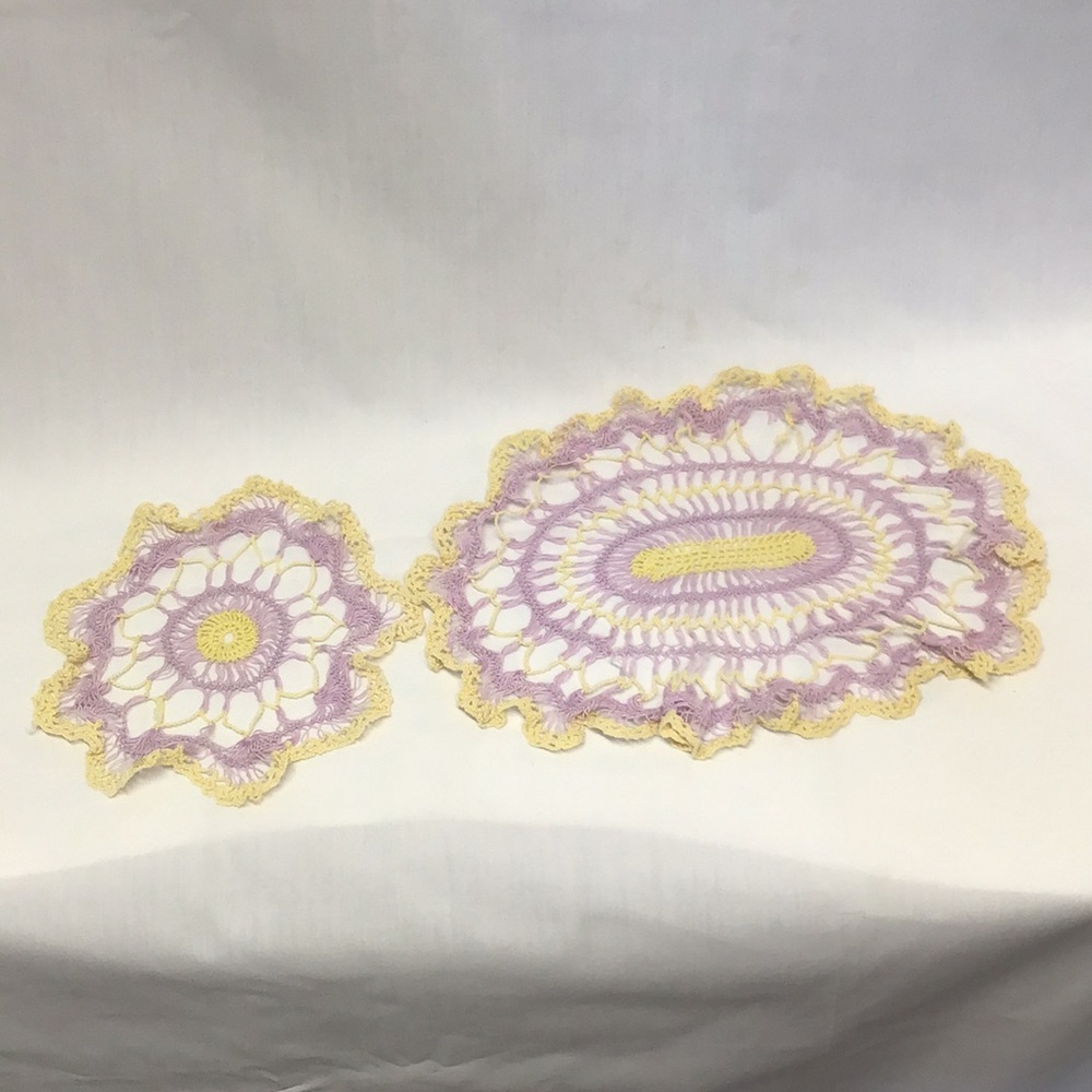 Vintage doilie pair hand made crochet lavender and soft yellow oval and round